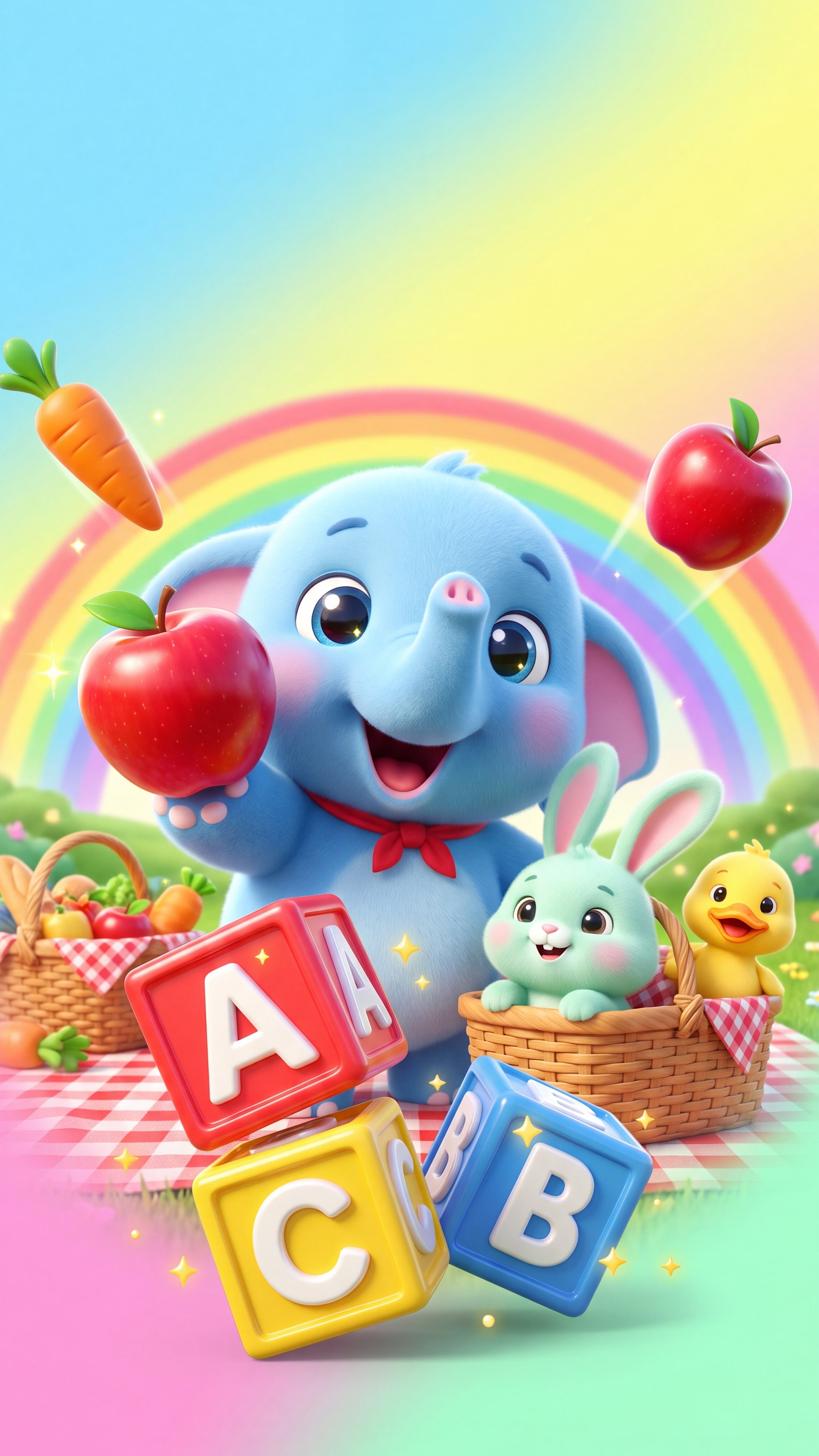 Bobo with his bunny and yellow friend beside colorful alphabet blocks