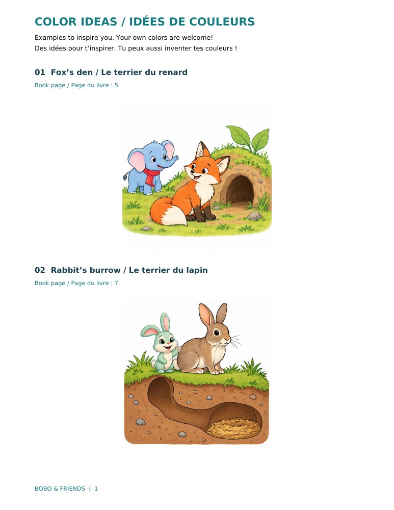 Page 1 of the Animal Homes with Bobo & Friends color reference guide