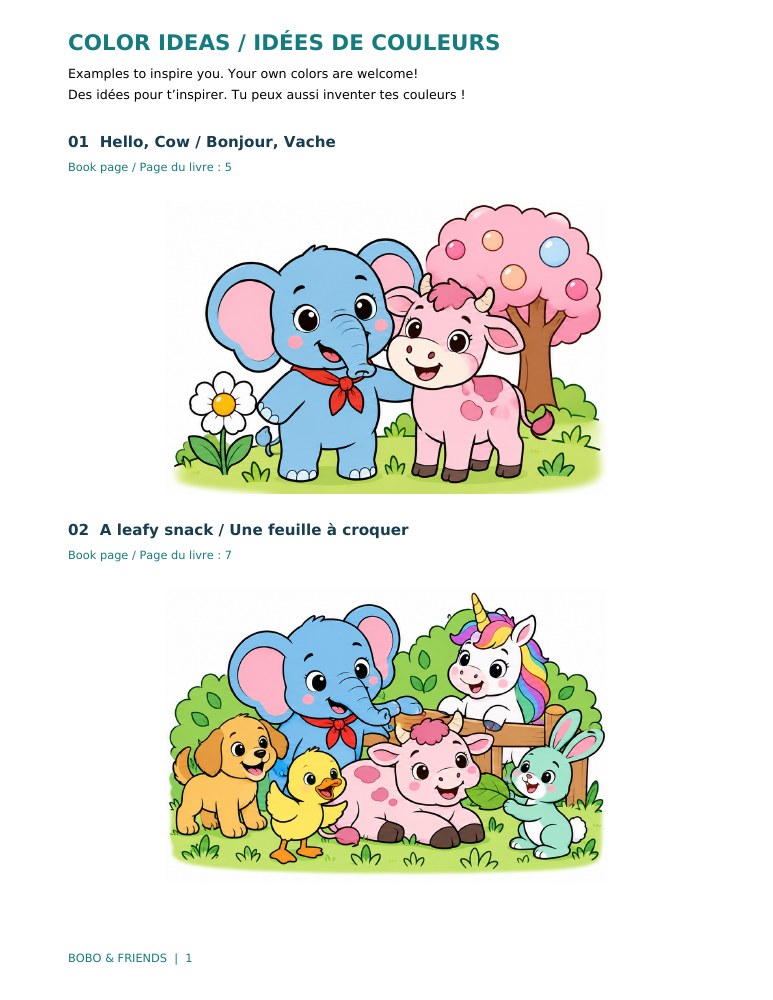 Page 1 of the Animal Sounds with Bobo & Friends color reference guide