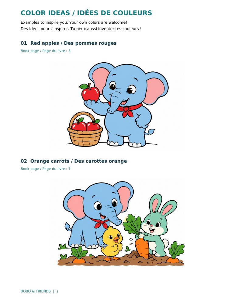 Page 1 of the Colors with Bobo & Friends color reference guide