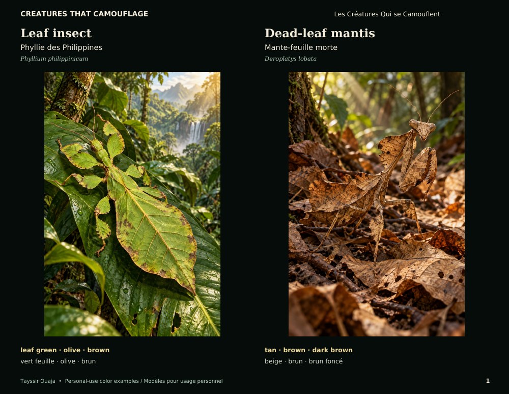 Page 1 of the Creatures That Camouflage color reference guide