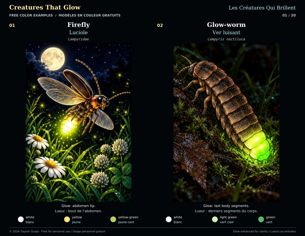 Page 1 of the Creatures That Glow color reference guide