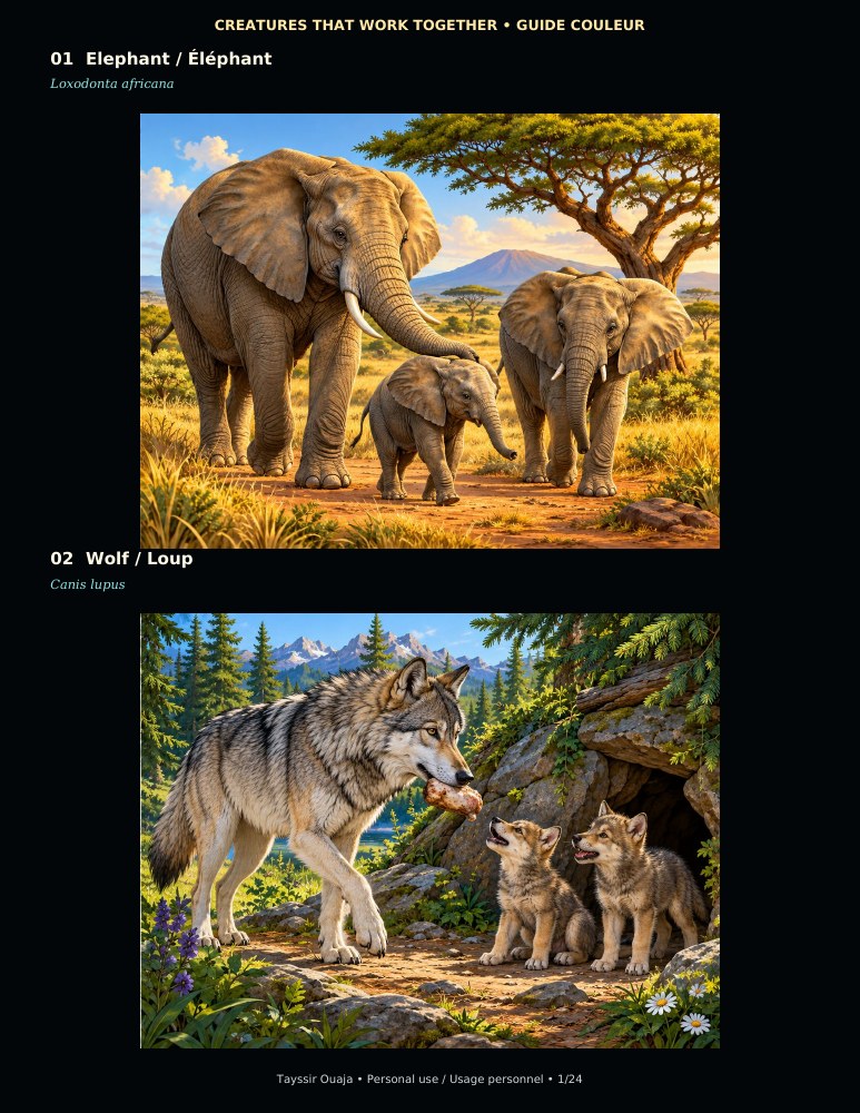 Page 1 of the Creatures That Work Together color reference guide
