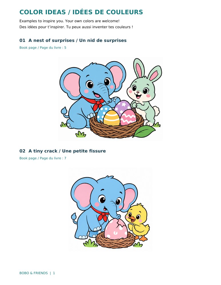 Page 1 of the Egg Surprises with Bobo & Friends color reference guide